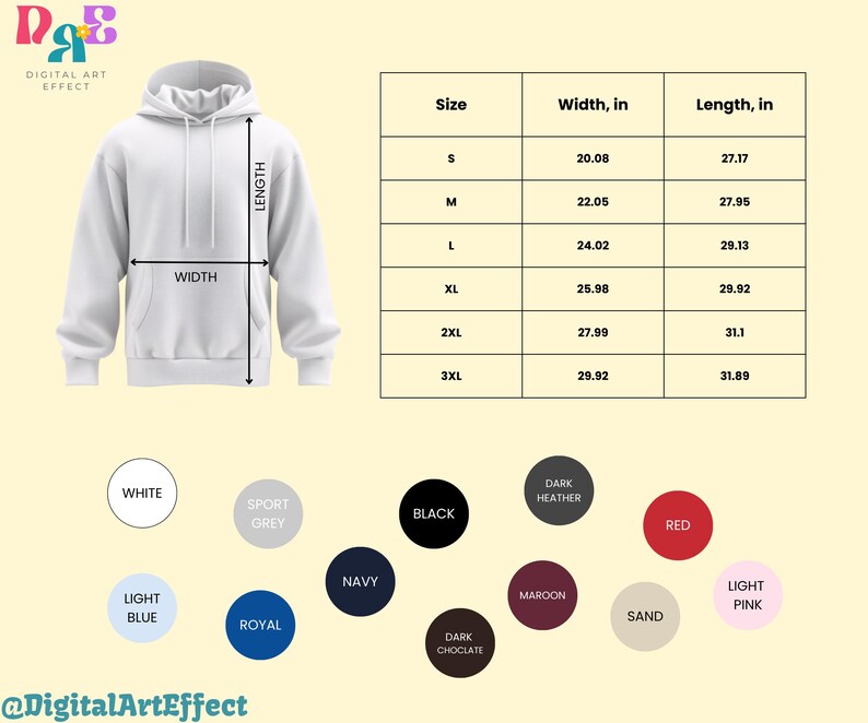 Op de afbeelding: Een witte hoodie met een voorzak en een trekkoord. De afbeelding bevat een maattabel met afmetingen in cm en kleuropties. De tekst "Digital Art Effect" is zichtbaar.