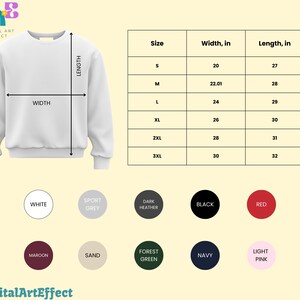 Op de afbeelding: Witte crewneck sweatshirt met maattabel en kleuropties. De maattabel toont afmetingen in inches voor breedte en lengte, vari&euml;rend van maat S tot 3XL. Kleuropties zijn wit, sportgrijs, donkergrijs, zwart, rood, bordeaux, zand, bosgroen, marineblauw en lichtroze.
