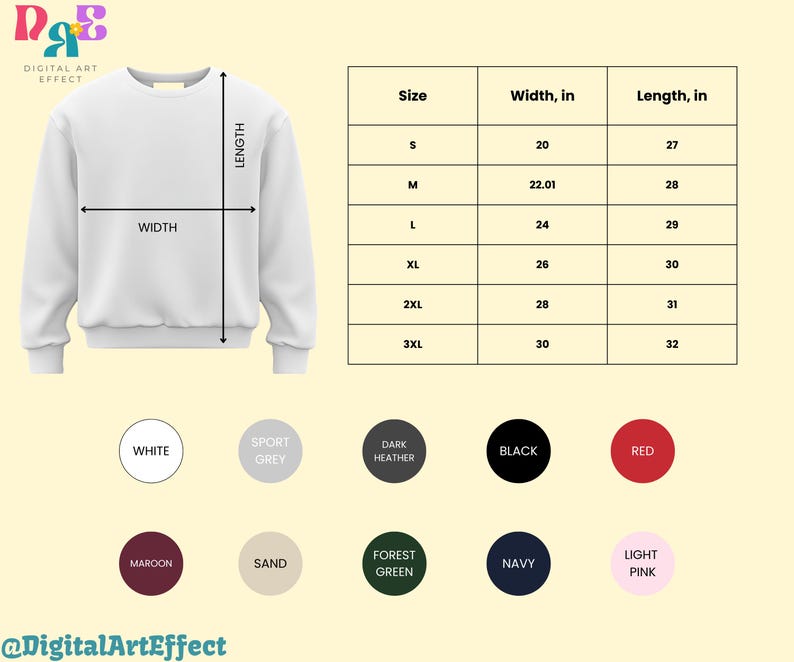 Op de afbeelding: Witte crewneck sweatshirt met maattabel en kleuropties. De maattabel toont afmetingen in inches voor breedte en lengte, vari&euml;rend van maat S tot 3XL. Kleuropties zijn wit, sportgrijs, donkergrijs, zwart, rood, bordeaux, zand, bosgroen, marineblauw en lichtroze.
