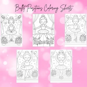 Könnte beinhalten: Schwarz-Weiß-Malvorlagen mit Ballettpositionen. Jedes Blatt zeigt eine Ballerina in einer anderen Pose, mit Bühnenvorhängen, Blumen und Sternen im Hintergrund. Der Text "Ballet Positions Coloring Sheets" steht oben.