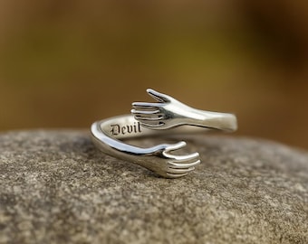 Personalized Sterling Silver Name Hug Ring, Custom Engraved Hand Wrap Jewelry, Adjustable Ring for Women & Men