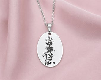 Sterling Silver Om Namah Shivaya Pendant Necklace, Spiritual Shiva Jewelry, Oval Silver Pendant, Hindu Necklace Gift