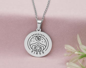 Silver Virgo Zodiac Pendant – Engraved Horoscope Necklace – Astrology Sign Jewelry – Virgo Gift for Women