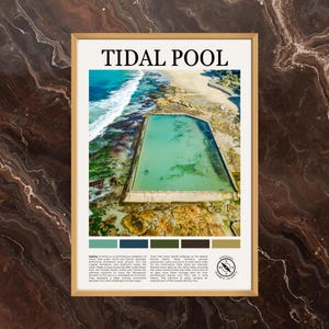 Op de afbeelding: Een ingelijste print met een luchtfoto van een getijdenpoel met turquoise water, omringd door rotsen en de oceaan. De print bevat bovenaan de tekst "TIDAL POOL" en onderaan een kleurenpalet. De print zit in een houten lijst.