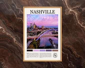 May include: Framed poster featuring a vibrant photograph of the Nashville skyline at dusk. The image showcases the city's architecture, bridges, and a river with a boat, under a colorful sky. The word "NASHVILLE" is printed at the top.