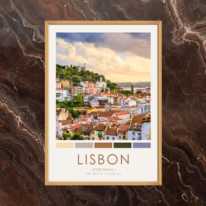 May include: Framed print featuring a scenic view of Lisbon, Portugal, with colorful buildings and a hilltop castle under a cloudy sky. The print includes the city's name and coordinates in a minimalist design, with a color palette at the bottom.