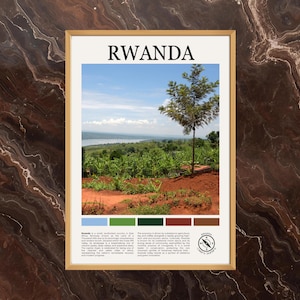 May include: A framed print with "RWANDA" at the top. The image shows a landscape with a tree, green vegetation, and a lake under a blue sky. A colour palette is at the bottom. The print is in a gold frame.