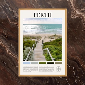 Puede incluir: Un estampado enmarcado que presenta una escena de playa en Perth, Australia. La imagen muestra un paseo marítimo de madera que conduce a una playa de arena y agua turquesa. La palabra "PERTH" está impresa en la parte superior. Una paleta de colores está en la parte inferior.