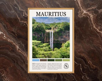 May include: A framed print featuring a waterfall cascading down a rocky cliff, surrounded by lush green vegetation. The word "MAURITIUS" is printed at the top. A color palette and text about the island are at the bottom.