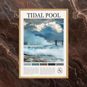 Op de afbeelding: Een ingelijste kunstdruk getiteld "Tidal Pool" met een foto van oceaangolven die tegen een rotsachtige kust slaan onder een bewolkte hemel. De print heeft een kleurenpalet van blauw, bruin en grijs.