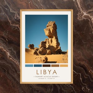 May include: Framed print featuring a desert landscape with a large rock formation under a clear blue sky. The print includes the word "LIBYA" and the text "-TADRART ACACUS DESERT- 24.8333° N - 10.3333° E". The color palette includes shades of blue, brown, and tan.
