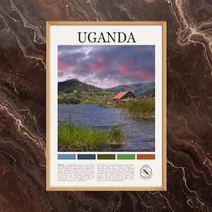 May include: A framed print featuring a scenic view of Uganda. The image showcases a lake with a building and lush green hills under a dramatic sky. The word "UGANDA" is displayed at the top.