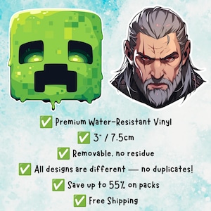May include: Two vinyl stickers featuring a green pixelated square creature with a black face and a detailed illustration of a man with long grey hair, a beard, and red eyes. Text includes Premium Water-Resistant Vinyl, 3 inches, and more.
