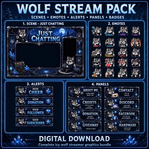 Puede incluir: Un paquete digital de streaming de lobos que incluye una escena de Just Chatting, emotes, alertas y paneles. Los gráficos muestran un tema azul gélido con personajes de lobos, detalles de cristales y etiquetas de texto para elementos de streaming.