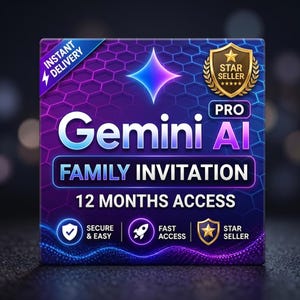 Op de afbeelding: Een vierkante digitale afbeelding voor een Gemini AI Pro familie-uitnodiging met 12 maanden toegang. Het ontwerp bevat een paars en blauw zeshoekig patroon, een centraal sterpictogram en gouden Star Seller badges. Tekst bevat Instant Delivery.