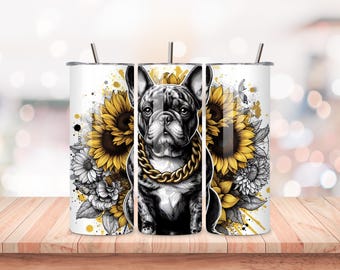 Vaso de girasol con diseño de bulldog francés (20 oz) de acero inoxidable para amantes de los perros.