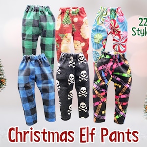 May include: A collection of Christmas elf pants in various patterns, including green plaid, Santa Claus, candy canes, blue plaid, skulls, and crayons. The image includes the text "22 Styles" and "Christmas Elf Pants".