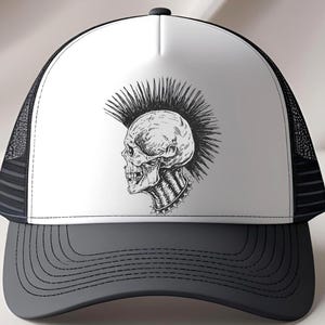 Skull with Mohawk Trucker Hat – Black/White/Grey Punk Rock Snapback – Mohawk Skull Cap – Youth/Adult Sizes – Unisex Hardcore Metal Mesh Hat