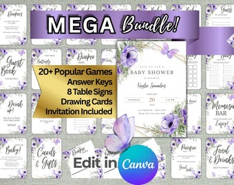 May include: A baby shower bundle with a purple floral theme. Includes invitations, games, answer keys, table signs, and drawing cards. The invitation features the text "Join us for a Baby Shower" and the date January 20.