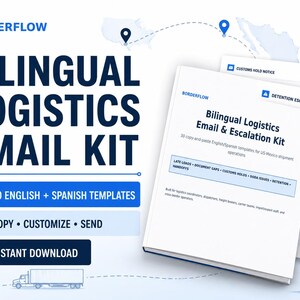 Może przedstawiać: Produkt cyfrowy zatytułowany BORDERFLOW BILINGUAL LOGISTICS EMAIL KIT zawierający 30 szablonów w języku angielskim i hiszpańskim do obsługi wysyłek między USA a Meksykiem, w tym sekcje dotyczące opóźnień i odpraw celnych.