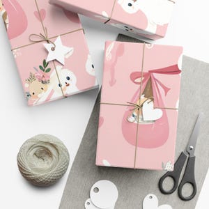 Whimsical Baby Shower Gift Wrap, Cute Wrapping Paper for Newborns, Stork Design, Pink Gift Wrap, Perfect for Celebrations, Festive Packaging