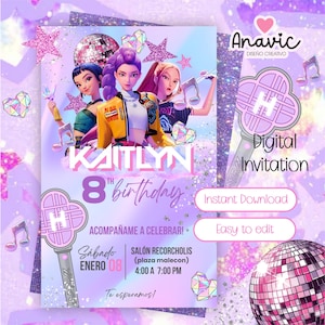 Invitación Guerreras KPOP, Invitación editable KPOP, plantilla de invitación Guerreras KPOP, Invitación cazadoras de demonios, kpop Birthday