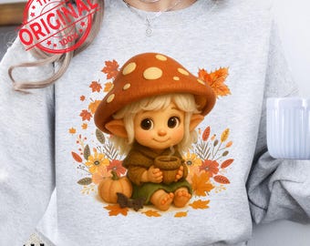 Mireen Mushroom Sprite PNG – Autumn Forest Fairy with Acorn Mug & Pumpkin, Cozy Fall Clipart, Transparent 300 DPI