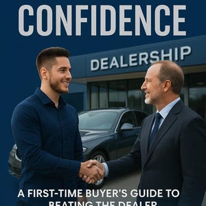 May include: Book cover titled "CAR DEAL CONFIDENCE" with two men shaking hands in front of a car dealership. The text reads "A FIRST-TIME BUYER'S GUIDE TO BEATING THE DEALER AT THEIR OWN GAME" and "KONA PRODUCTIONS".