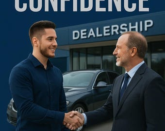 May include: Book cover titled "CAR DEAL CONFIDENCE" with two men shaking hands in front of a car dealership. The text reads "A FIRST-TIME BUYER'S GUIDE TO BEATING THE DEALER AT THEIR OWN GAME" and "KONA PRODUCTIONS".
