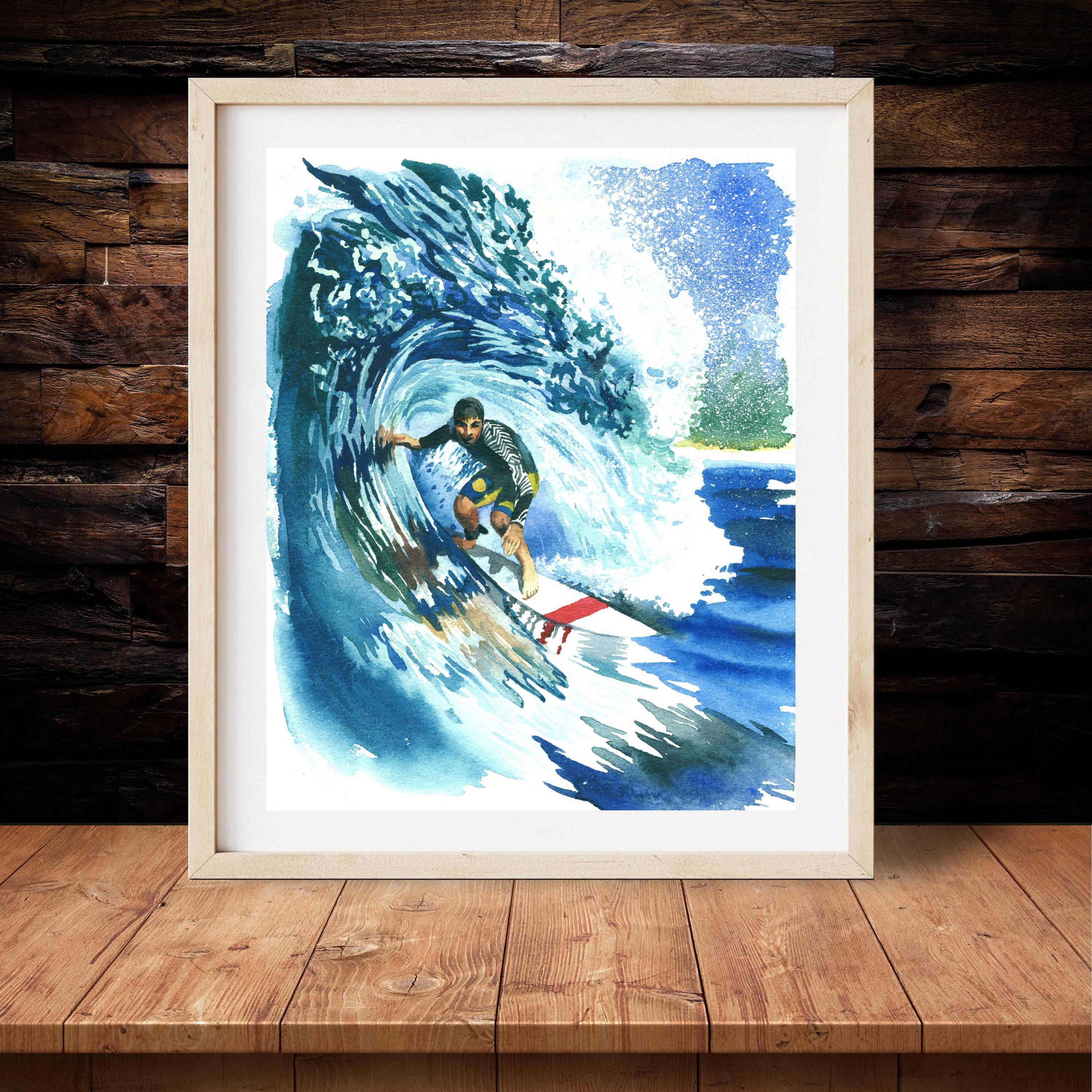サーフ水彩画 サーファー水彩画プリント 海の波の絵画 波の海のアート