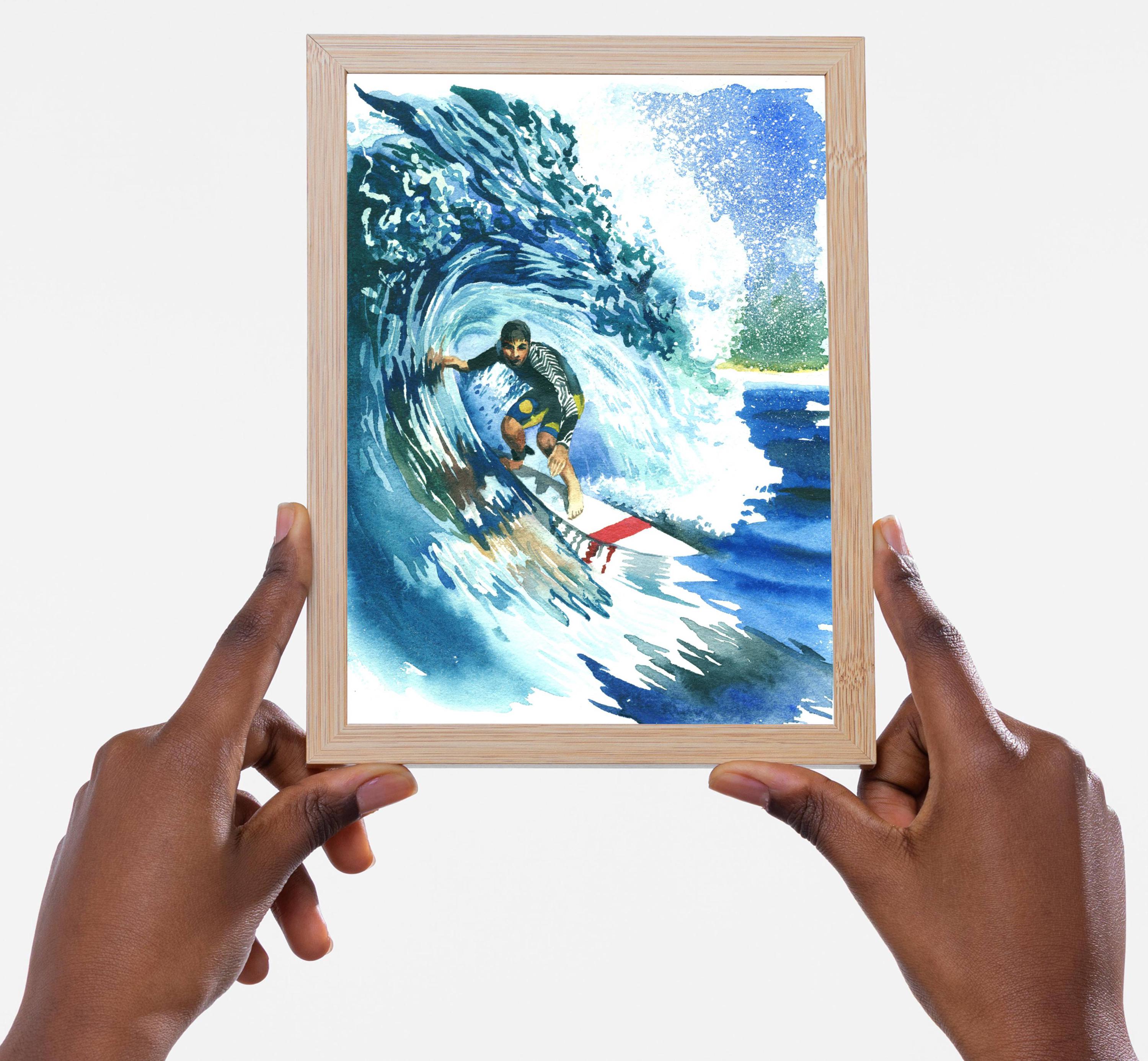 サーフ水彩画 サーファー水彩画プリント 海の波の絵画 波の海のアート