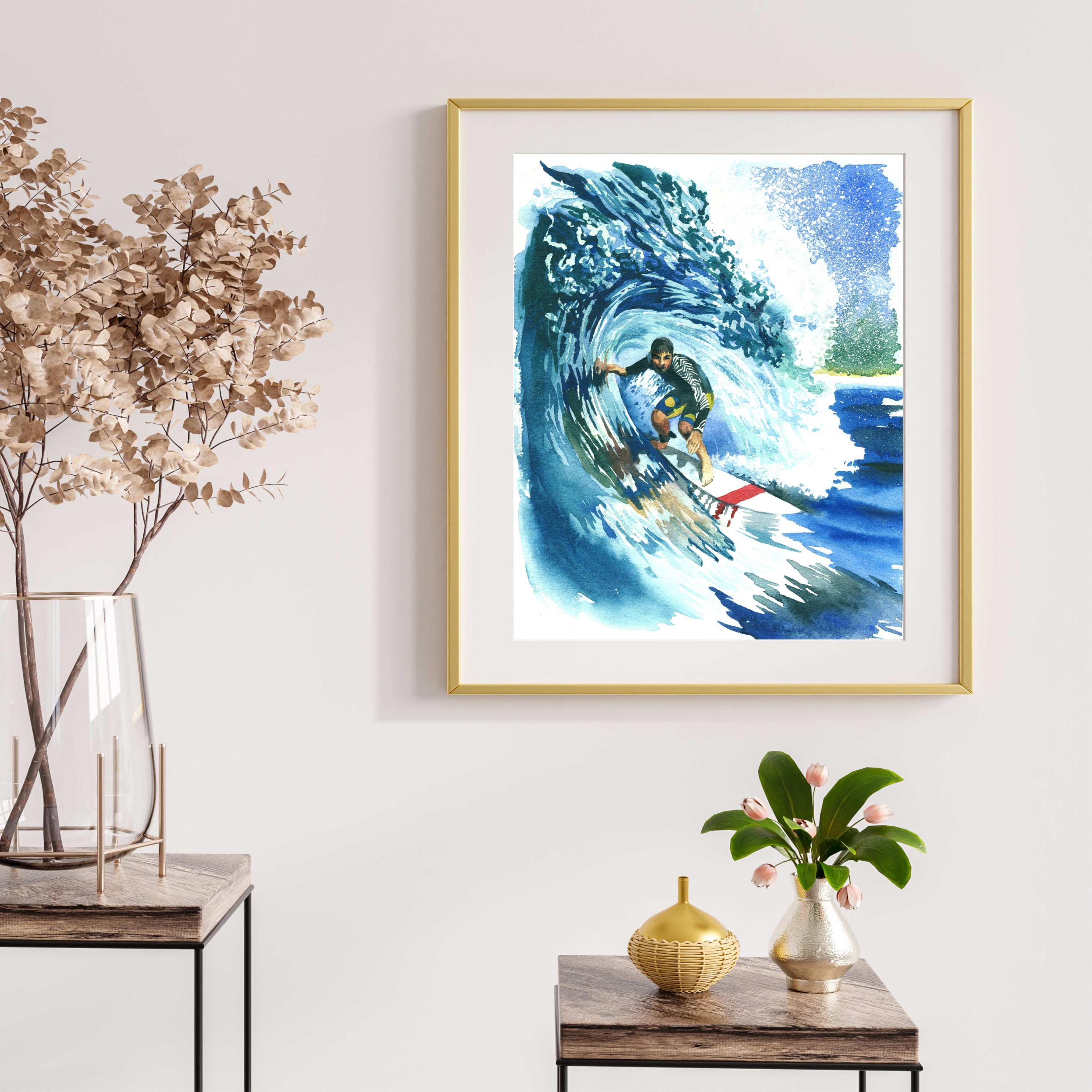 サーフ水彩画 サーファー水彩画プリント 海の波の絵画 波の海のアート