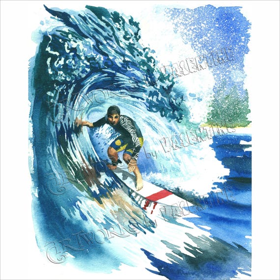 サーフ水彩画 サーファー水彩画プリント 海の波の絵画 波の海のアート