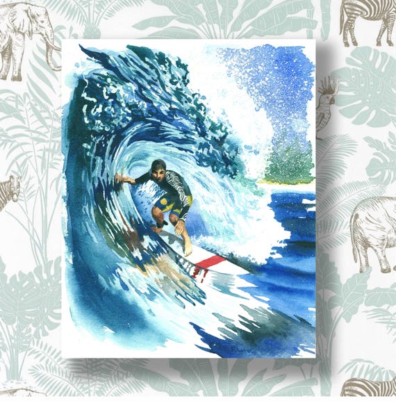 サーフ水彩画 サーファー水彩画プリント 海の波の絵画 波の海のアート