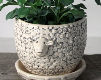 Small Sheep Planter with Saucer 3 1/2'' x 3'' Ceramic Pottery  Ready to ship