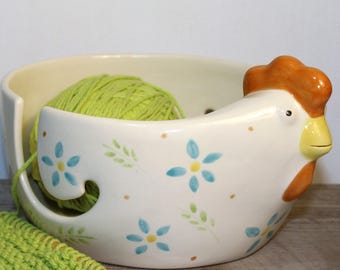 Chicken Large Yarn Bowl  7'' X 3 1/2'' Ceramic Pottery Gift Knitter Lover  Ready to ship