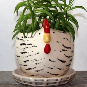 Small Hen Planter 3 1/2'' X 3 ''  Drainage Hole and Saucer Ceramic Pottery Ready To Ship
