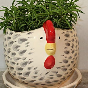 Chicken planter 5'' x 4 1/4'' Drainage Saucer Handpainter Ceramic Pottery Chicken Lover Ready to ship