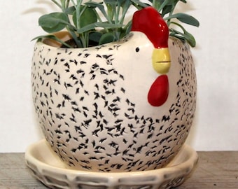 Small Hen Planter With Overflow Saucer 3 1/2''X 3 1/2'' Ready To Ship