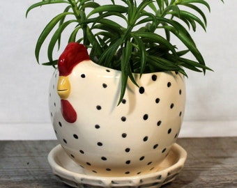 Small Hen Planter With Overflow Saucer 3 1/2''X 3 1/2'' Ready To Ship