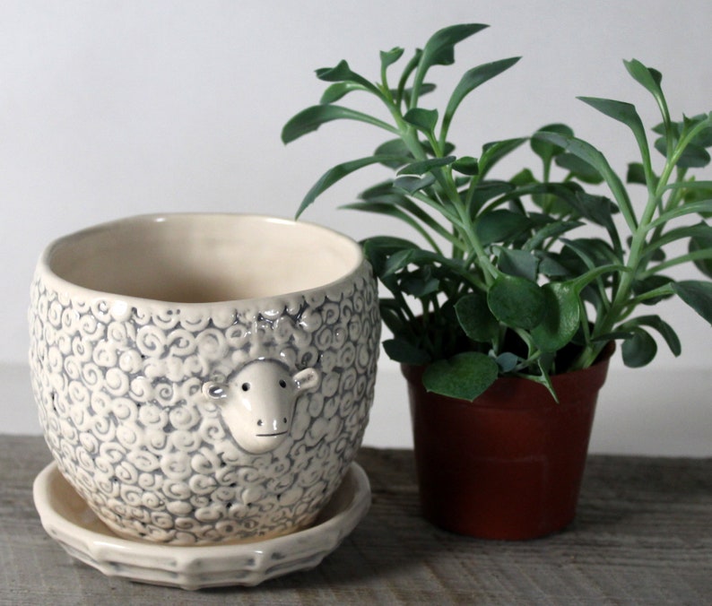 Small Sheep Planter with Saucer 3 1/2'' x 3'' Ceramic Pottery Ready to ship image 4