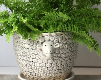 Sheep Planter With Saucer 5'' X 5 1/2'' Ceramic Pottery Reay to Ship