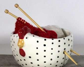 Chicken Large Yarn Bowl 7'' X 3 1/2''  Ceramic Pottery Knitter Gift Lover Ready to ship