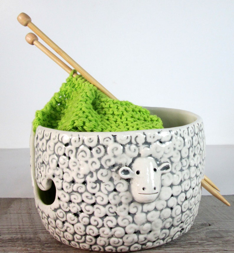 Sheep Knitting  Bowl Yarn bowl  Pottery Ceramic Knitting or crochet bowl Knitter gift Ready to ship 