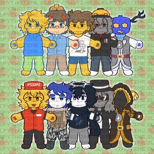 May include: A digital illustration featuring cartoon characters in various outfits. The characters are in two rows, with the top row showing characters with yellow, brown, and gray skin tones. The bottom row features characters with yellow, blue, and black skin tones. The word "PIZZA!" is visible.