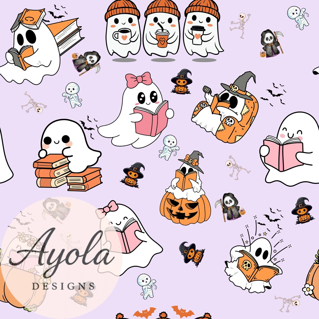 Bookish Ghost Seamless Pattern, Kawaii Halloween PNG (digital Download ...