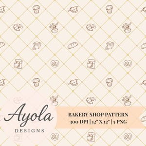 Può includere: Un motivo ripetuto con illustrazioni a tema panetteria, tra cui croissant, muffin e mattarelli, su uno sfondo beige chiaro con una griglia dorata. Il testo "BAKERY SHOP PATTERN" è visualizzato. Il motivo è di 30.48 cm x 30.48 cm.