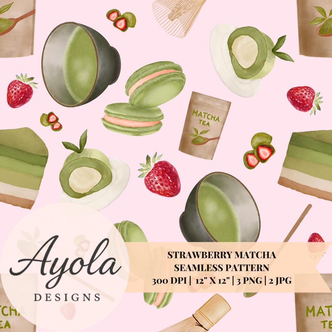 Matcha Design Pattern Strawberry Matcha Seamless Pattern Watercolor Dessert Pattern (3 PNG 2 ...