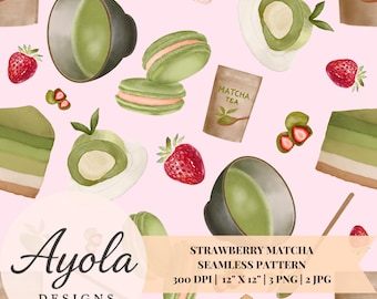 Strawberry Matcha Seamless Pattern Watercolor Dessert Pattern (3 PNG 2 JPG)