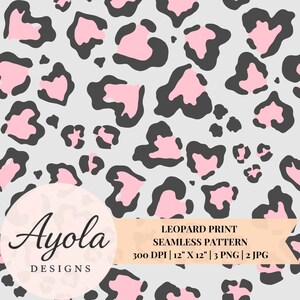 May include: Seamless leopard print pattern in pink and gray. The design features irregular dark gray spots with pink centers on a light gray background. The image includes the text "LEOPARD PRINT SEAMLESS PATTERN" and "300 DPI | 12" X 12" | 3 PNG | 2 JPG".